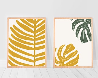 Mustard Yellow Print set of 2 monstera Sage green decor art wall Leaf Boho leaves print Botanical Poster bedroom set of two 2 print Dorm