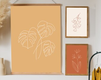 Wall Decor Set of 3 wall art triptych Boho three print Botanical line art 3 piece Leaves Leaf Print gallery wall set boho leafbohemian set