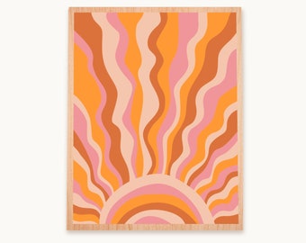 Wystrój pokoju w stylu preppy, retro, indie, wydruki, akademik, boho, słońce, sztuka ścienna, plakat z nadrukiem promieni słonecznych, wystrój z lat 70., ilustracja z nadrukiem promieni słonecznych, plakat do pokoju dziecięcego, 8x10