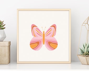 Sztuka ścienna „Coquette”, wystrój pokoju w akademiku w stylu preppy, retro motyl, kwadratowy nadruk, różowa galeria ścienna, wystrój w stylu różowym z lat 70., plakat w kształcie kwadratu, cyfrowy