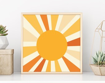 Retro wall decor Bauhaus poster Print nursery sun wall art Square print 70s retro gallery wall Digital download square poster orange yellow