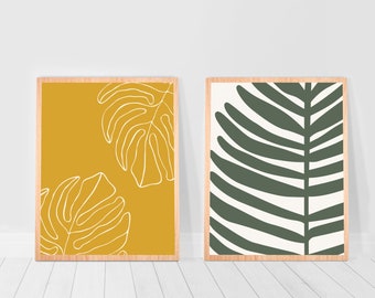 College Dorm decor monstera print Mustard Yellow green leaves print Wall Decor Leaf Boho Art Botanical Poster bedroom set of 2 print sets