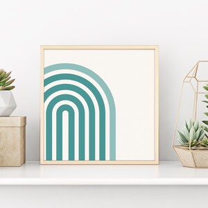 Póster de arcoíris verde azulado, impresión artística de arcoíris, impresiones independientes, guardería de niñas, decoración retro para niños, impresión cuadrada, arcoíris para colgar en la pared, póster de los años 70 de 8 x 8