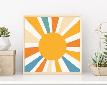Sun playroom poster rainbow art Sunburst wall decor retro gallery wall sun wall art Square print 70s Digital download nursery wall decor