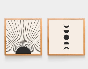 Western gothic Sun Moon wall art Square print set of 2 moon phase decor Poster sun print set boho two square gallery Black beige dorm decor