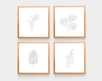 Square Botanical print set of 4 minimalist dorm decor farmhouse wall art Poster  modern 4 piece wall art 4 boho prints leafy art 4x4,24x24