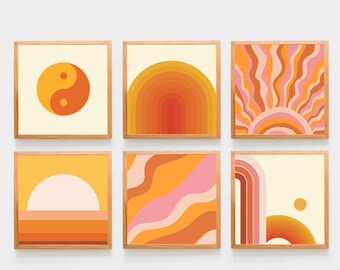 Square print set of 6 y2k decor 70s Sun Funky wall art Digital Prints download Indie prints kid room decor Retro Sunset Poster Sun Print 5x5