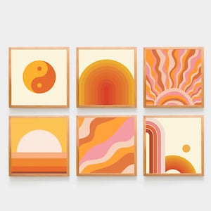 Square print set of 6 y2k decor 70s Sun Funky wall art Digital Prints download Indie prints kid room decor Retro Sunset Poster Sun Print 5x5