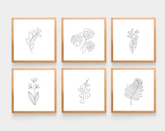 Zestaw 6 minimalistycznych plakatów ściennych z botanicznym nadrukiem w stylu rustykalnym, kwadratowy, nowoczesny, 6-częściowy plakat ścienny, 6 wydruków boho, sztuka liściasta, modny zestaw nadruków