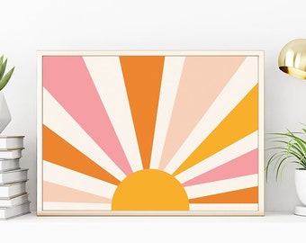 Pozioma sztuka ścienna Boho Sun Print Retro Sunrise Nursery Poster Dekoracja ścienna z motywem słońca Burst Illustration Lata 70. pokój zabaw Sunburst Sunset 8x10