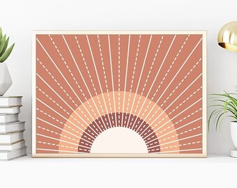 Peach Color Boho Sun Print Retro Wall Art Abstract Sunrise Nursery Poster Sun Mid Century Modern sun wall decor Illustration 70s sunshine A0