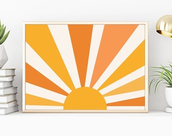 Słońce Poziomy wydruk artystyczny Dekoracja ścienna Odjechana sztuka ścienna Wydruki niezależne Pokój dziecięcy Plakat w stylu retro Zachód słońca Pomarańczowy wydruk słońca z lat 70. Galeria ścienna w stylu lat 70. Boho