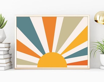 Plakat w stylu retro z zachodem słońca, sztuka pozioma, wydruk w stylu promieni słonecznych, dekoracja ścienna do akademika, sztuka ścienna w stylu retro, wydruki niezależne, galeria ścienna z lat 70., sztuka boho, słońce