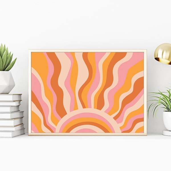 y2k decor Funky wall art Indie prints kid room decor Retro Sunset Poster Horizontal 1970s Sun Print 70s style Abstract gallery wall bedroom