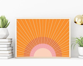 Boho headboard wall art sun print Dorm Decor Retro Sunset Print Art Horizontal Sun Rise Wall Sun Poster Abstract Sun Sunburst Orange 8x10