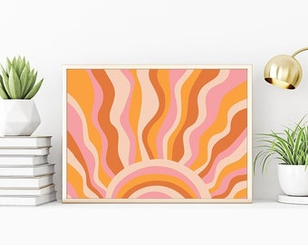 Estetyczny pokój w akademiku, dekoracja dopaminowa, sztuka ścienna w stylu preppy, do wydrukowania, plakat w stylu retro ze słońcem, kokietka, pozioma galeria do powieszenia nad łóżkiem