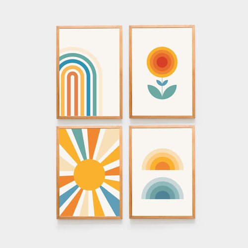 Rainbow Print Set of 4 Retro Wall Decor 70s 1970s Poster Art Etsy