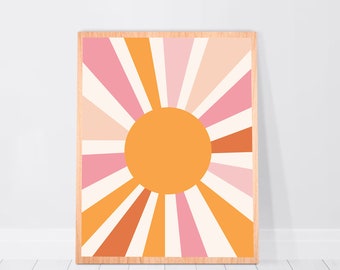 Boho Sun Print Retro Wall Art Abstrakcyjny wschód słońca Wydruki do pokoju dziecięcego Plakat Słońce Mid Century Modern Dekoracja ścienna słońca Burst Ilustracja Słońce lat 70.