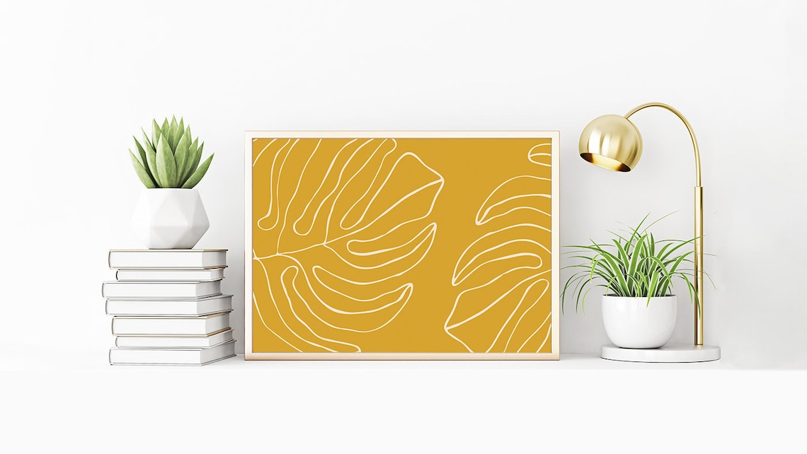 Mustard Yellow Wall Art Tropical Monstera Leaf Print Dorm Etsy