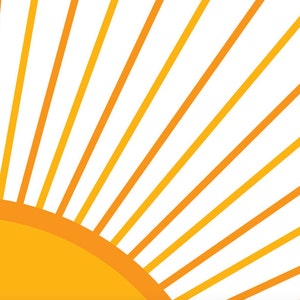 May include: A stylized illustration of a yellow sun with orange rays radiating outward against a white background.