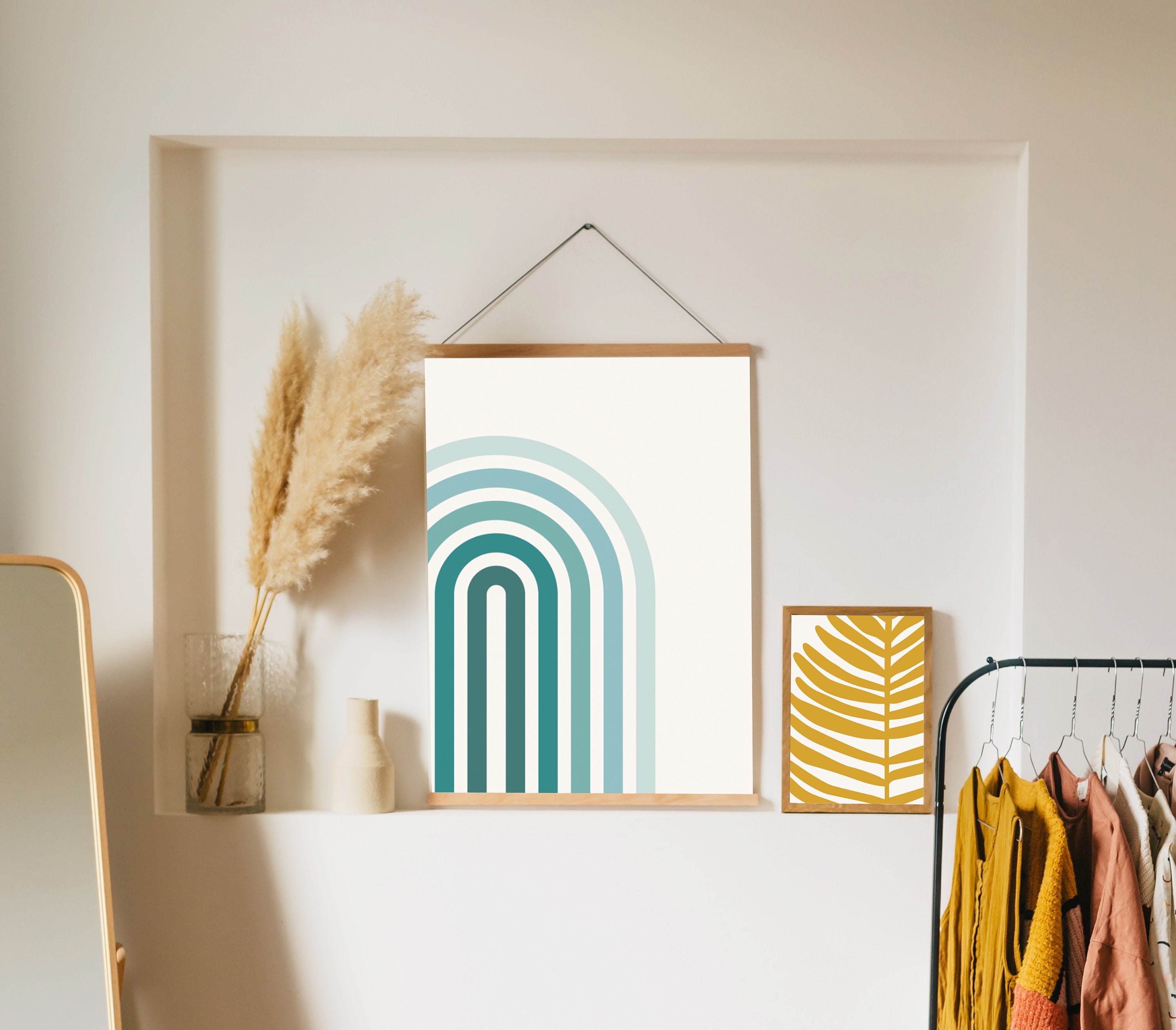 Teal Abstract Wall Art Set Mustard Yellow Decor Geometric Prints Print ...