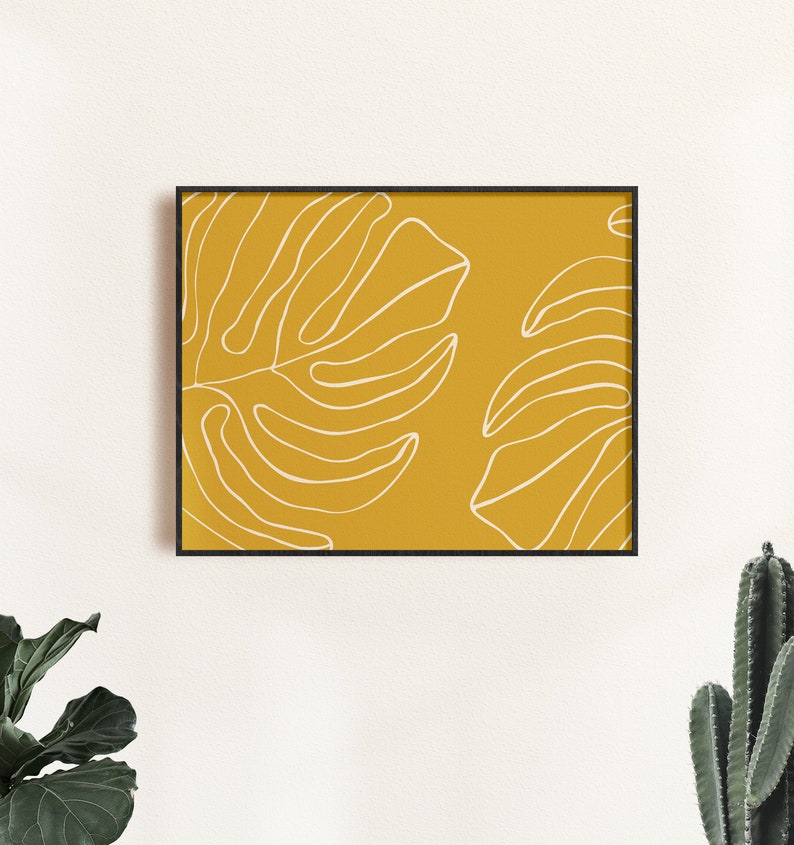 Mustard Yellow Wall Art Tropical Monstera Leaf Print Dorm Etsy