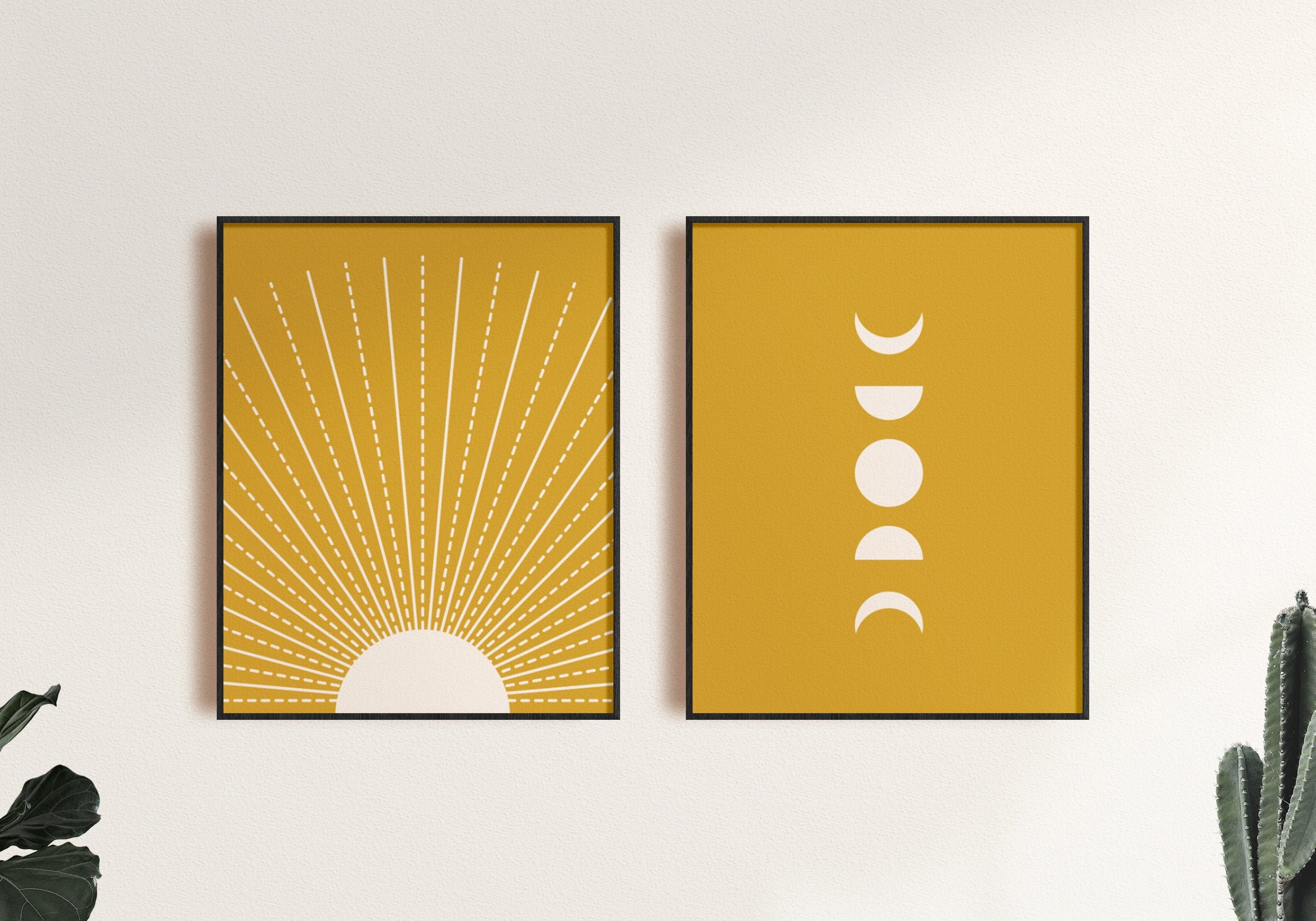Mustard Yellow Wall Art Sun and Moon Print 2 piece poster art Etsy