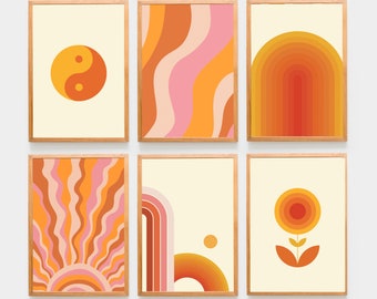 Zestaw 6 niezależnych wydruków ściennych do dekoracji pokoju Y2K, zestaw do galerii ściennej, plakaty Art Retro Sun Rainbow z lat 70., kwiaty Boho, 6-częściowy zestaw do kolażu ściennego w akademiku