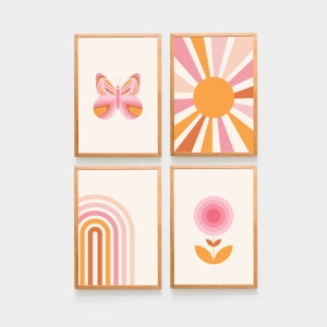 Blush pink art set print set of 4 print Retro Wall Art set 70s Poster Nursery Posters Girls Room Decor Girl Nursery Decor kids gallery wall