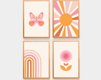 Zestaw wydruków w kolorze różowego różu, zestaw 4 wydruków, zestaw plakatów ściennych w stylu retro z lat 70., plakaty do pokoju dziecięcego, wystrój pokoju dziecięcego, galeria ścienna dla dzieci