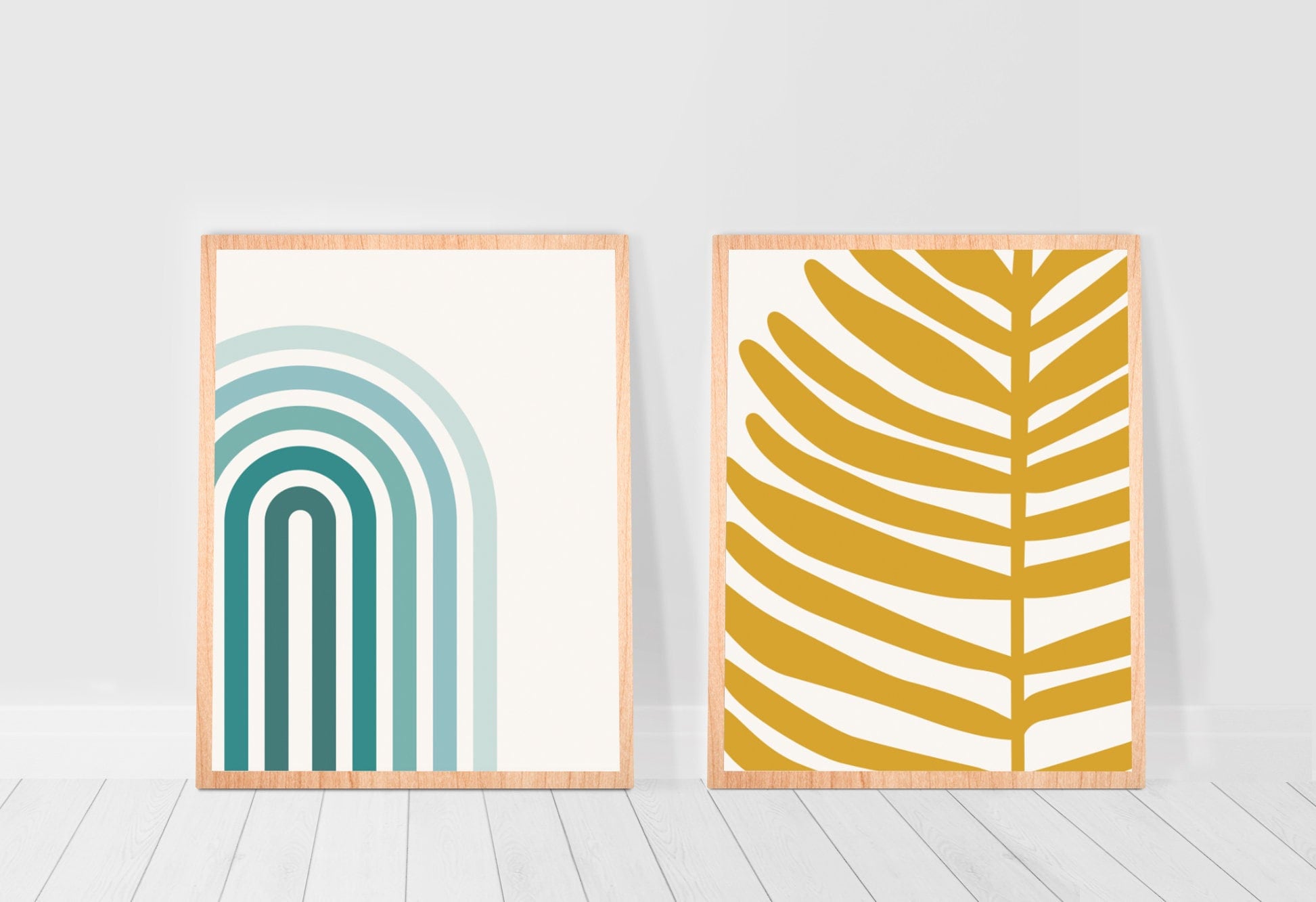 Teal Abstract Wall Art Set Mustard Yellow Decor Geometric Etsy