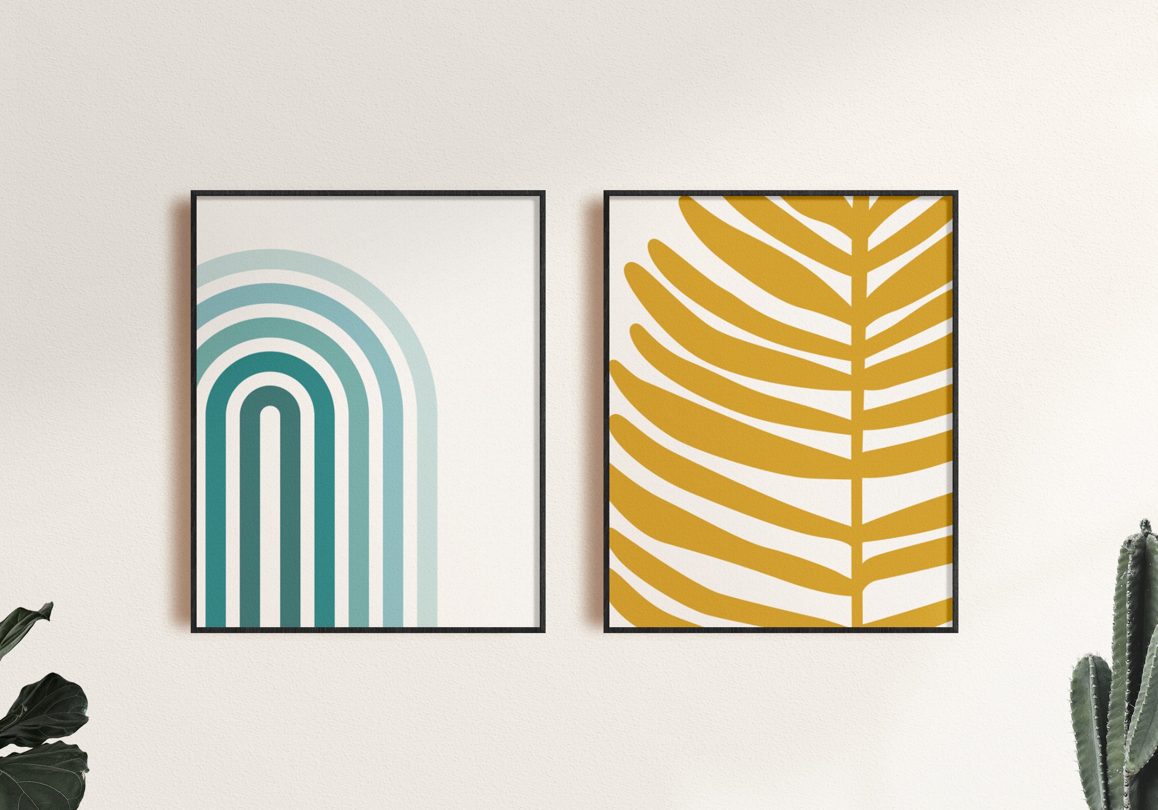 Teal Abstract Wall Art Set Mustard Yellow Decor Geometric Prints Print ...