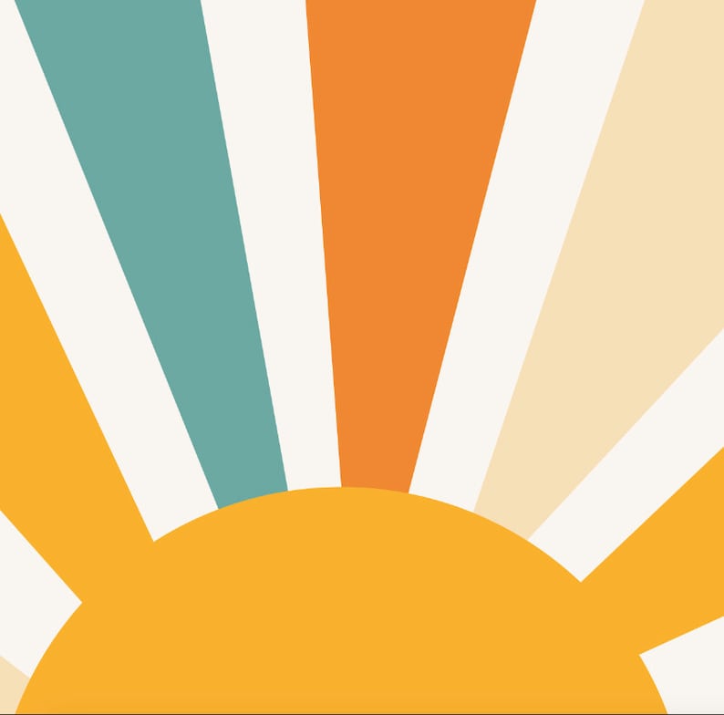 May include: Abstract sunburst design with white, orange, yellow, and teal stripes radiating out from a yellow circle.