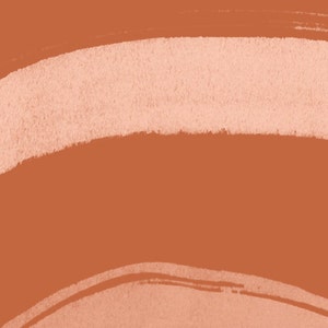 May include: Abstract art piece featuring a warm, earthy orange background with two broad, textured, off-white brushstrokes. The strokes curve across the image, creating a sense of movement and depth. The artwork has a minimalist aesthetic.