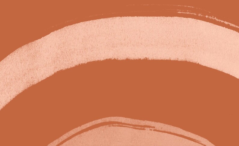May include: Abstract art piece featuring a warm, earthy orange background with two broad, textured, off-white brushstrokes. The strokes curve across the image, creating a sense of movement and depth. The artwork has a minimalist aesthetic.