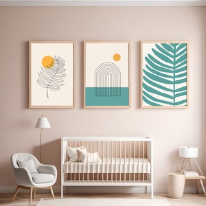 Blaugrüner Druck 3er Set Kinderzimmer Galerie Retro Triptychon Gelbe Sonne Regenbogen Farbverlauf, Mid Century Modern Bauhaus Druck 50 x 90 x 100