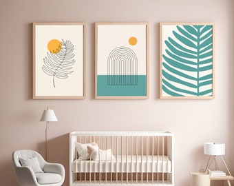 Zestaw 3 wydruków w kolorze turkusowym, galeria ścienna w stylu retro, tryptyk, dekoracja ścienna w stylu żółtym, tęczowy, sztuka ścienna z lat 70., wydruk w stylu bauhaus w stylu mid-century modern, 2x3,3x4