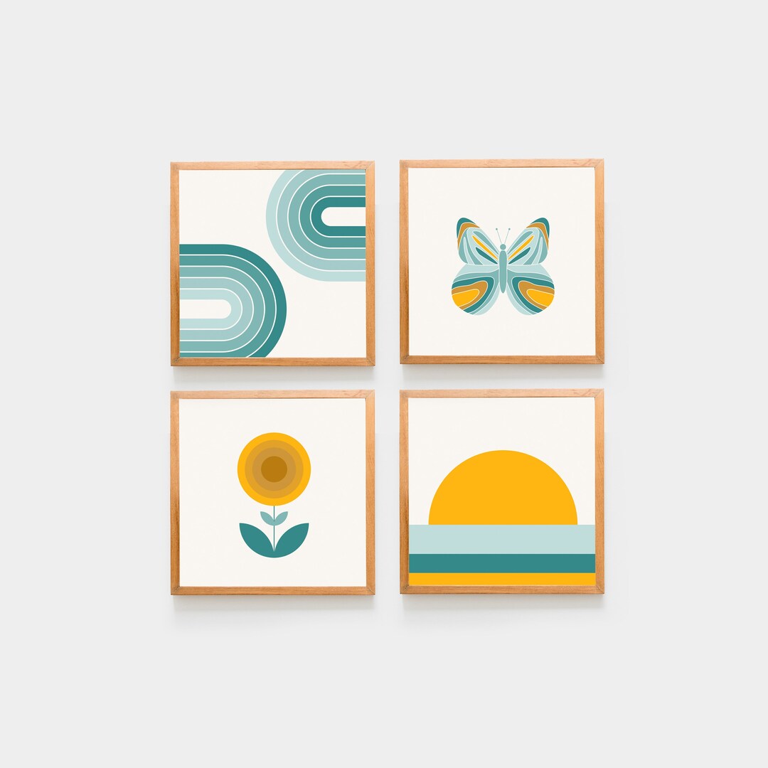 Teal and Gold Wall Art Set of 4 Decor 70s Poster Retro Dorm Etsy