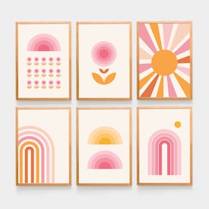 Retro Set of 6 Nursery Retro Decor Gallery Wall Art Set Sun Rainbow 70s Flower Orange Sun Nursery Print Nursery Sets Boho Mid Century 8x10