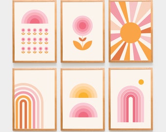 Zestaw 6 dekoracji ściennych do pokoju dziecięcego w stylu retro, zestaw 6 grafik ściennych, tęcza słoneczna, kwiaty z lat 70., pomarańczowy, słońce, wydruk do pokoju dziecięcego, boho, mid century, 8x10