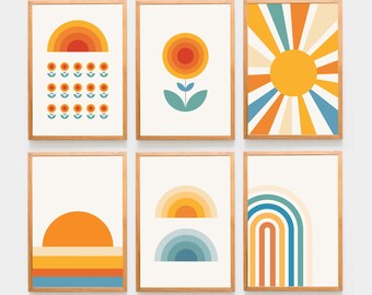 Retro print set of 6 piece wall art 70s art prints poster sun rainbow Gallery Wall Bundle girl room wall decor 70s flower print 70s wall art