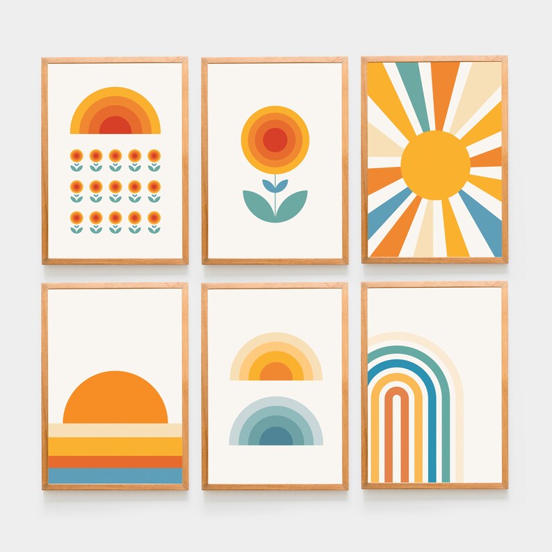 Retro print set of 6 piece wall art 70s art prints poster sun rainbow Gallery Wall Bundle girl room wall decor 70s flower print 70s wall art