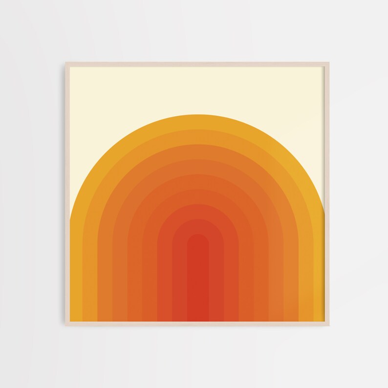 May include: A digital art print featuring a geometric design of concentric orange, yellow, and red semi-circles, resembling a sunset.