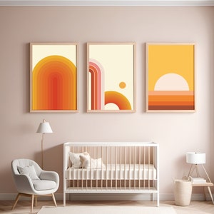 Wohnheim Dekor 70er Jahre Poster Kunstdruck Regenbogen Print 3er Set Wandkunst Retro Gallery Wandset Poster Sonne Kinderzimmer Retro Wave Mid Century Modern