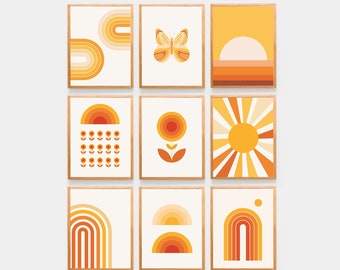 Zestaw 9 grafik ściennych w stylu retro, wydruk do pokoju dziecięcego, galeria dekoracji ściennych, materiały do druku, tęcza, kwiaty z lat 70., 9 elementów, Mid Century Boho, dziewięć