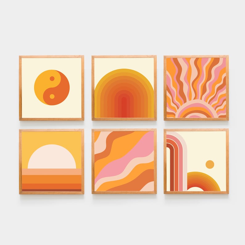 May include: Six framed prints with a retro 70s aesthetic. The prints feature abstract designs in shades of orange, yellow, and pink. One print features a yin yang symbol.
