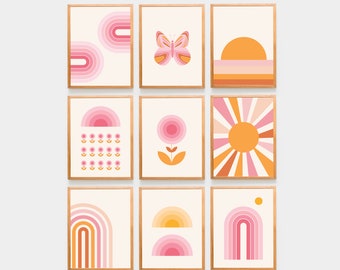 Zestaw 9 grafik ściennych w stylu retro Zestaw do dekoracji pokoju dziecięcego Zestaw ścienny Materiały do druku Słońce Tęcza Lata 70. Kwiat Pomarańczowy Wydruk do pokoju dziecięcego Boho Mid Century