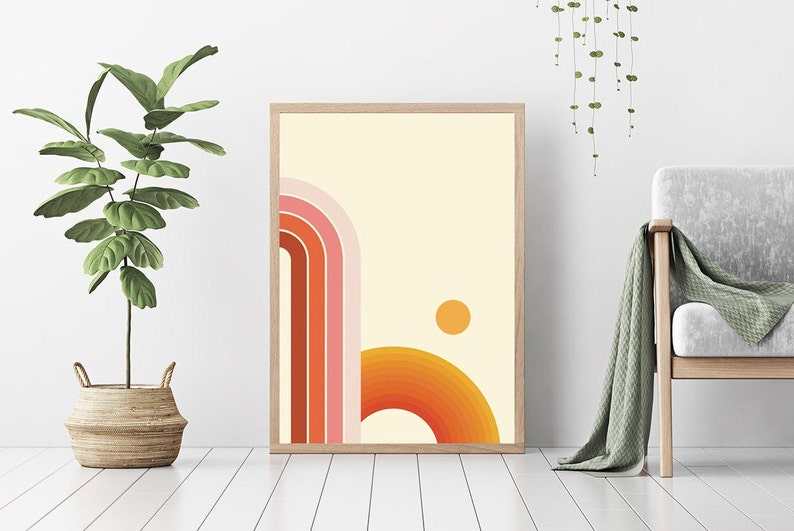 Pu&ograve; includere: Stampa geometrica astratta con un motivo ad arcobaleno in tonalit&agrave; rosa, arancio e giallo su uno sfondo crema. Un piccolo cerchio arancione si trova nell'angolo in alto a destra della stampa.