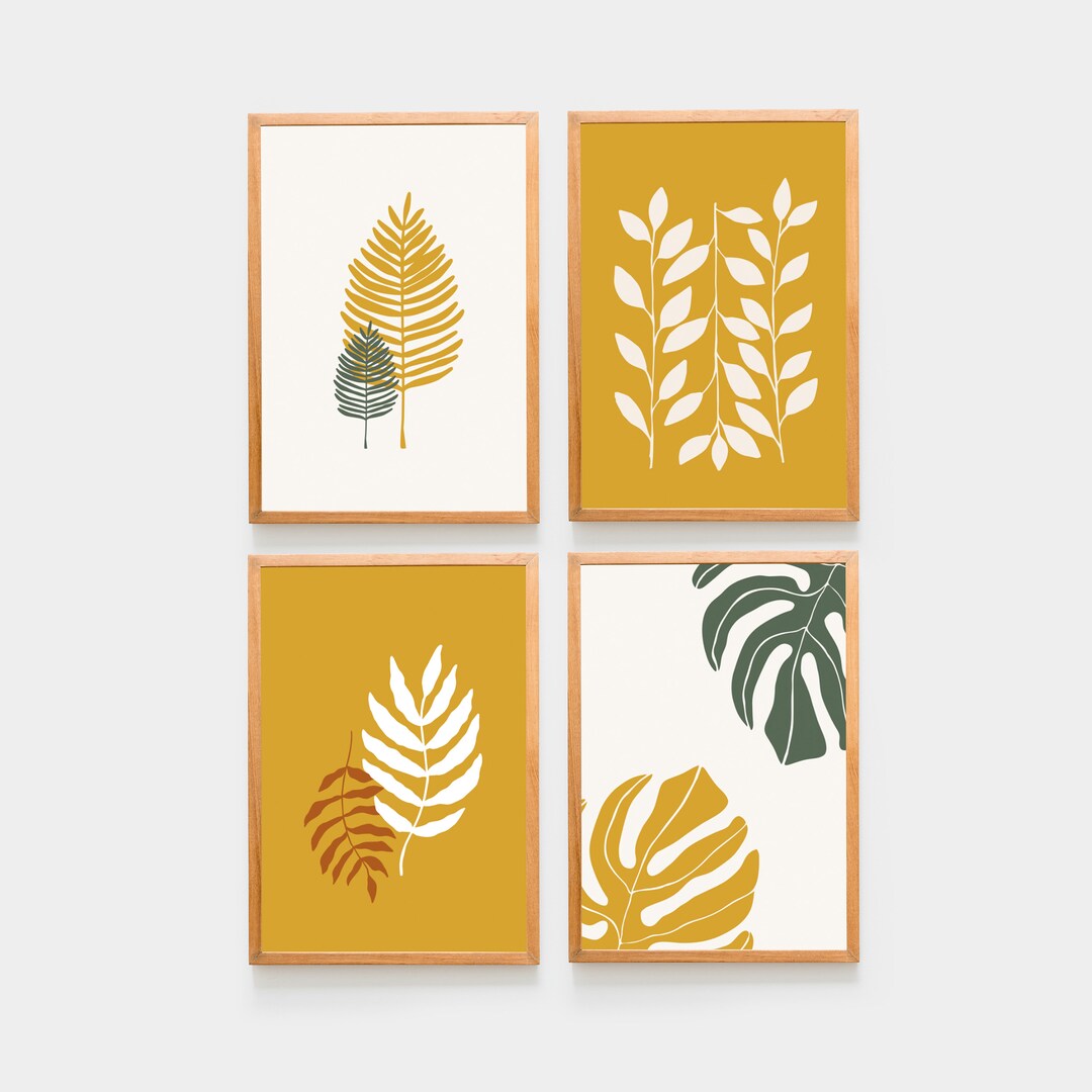 Set of 4 Wall Art Mustard Yellow Decor Print Sage Green Leaves Etsy