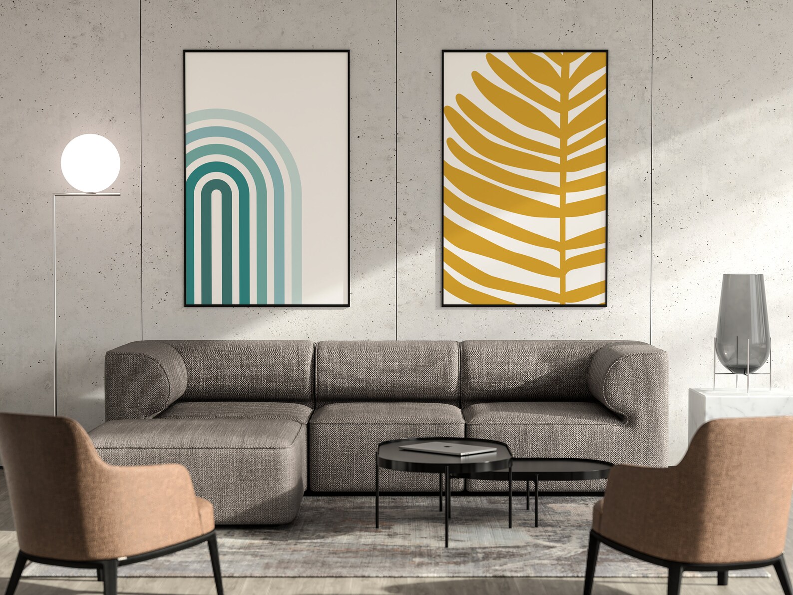 Teal Abstract Wall Art Set Mustard Yellow Decor Geometric Prints Print ...